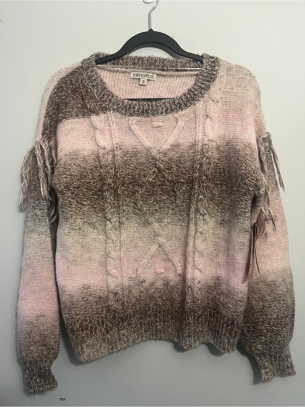 FRYE AND CO. Pink and Brown Ombre Cable Fringe Sweater Medium NWT